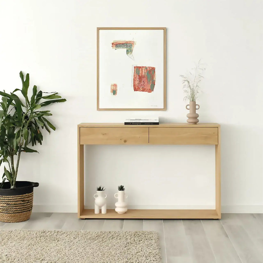 "Elementa 304" by Shira Valls, original hand-painted artwork, displayed in a minimalist office in white, beige and terracotta tones