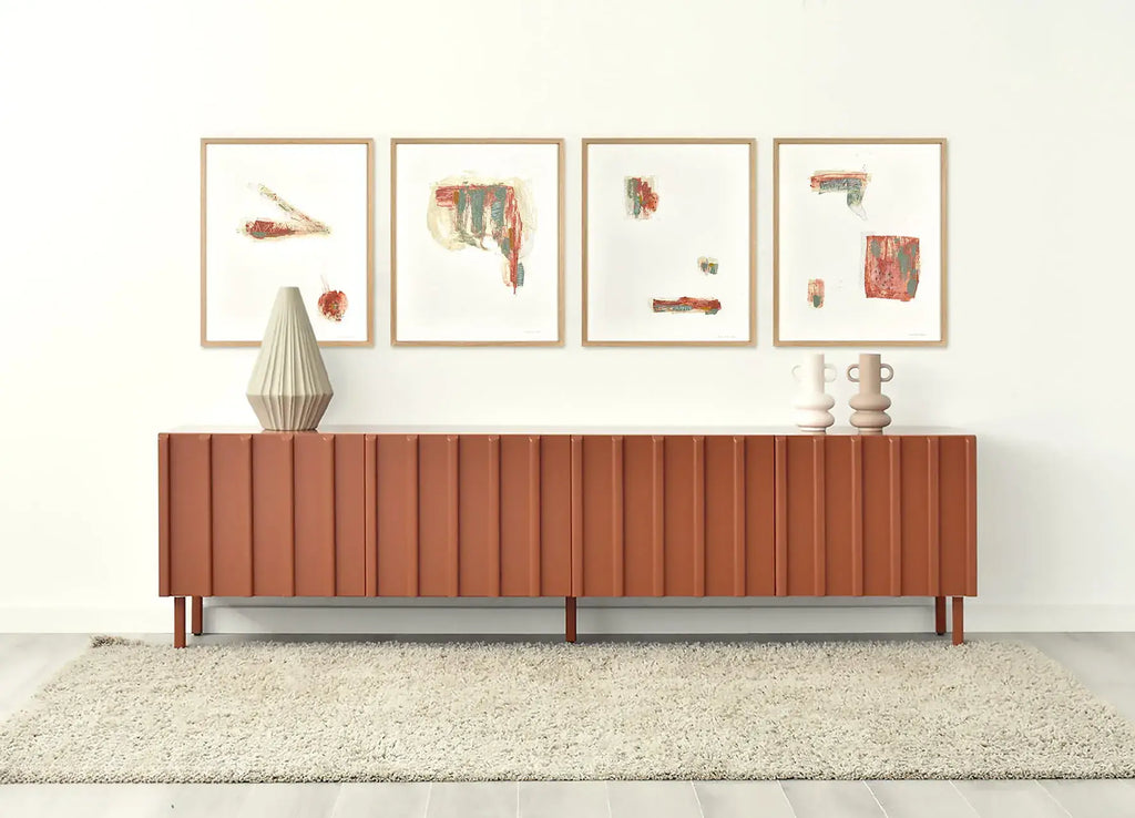 "Elementa 304" by Shira Valls, original hand-painted artwork, displayed in a contemporary living room in white, beige and terracotta tones